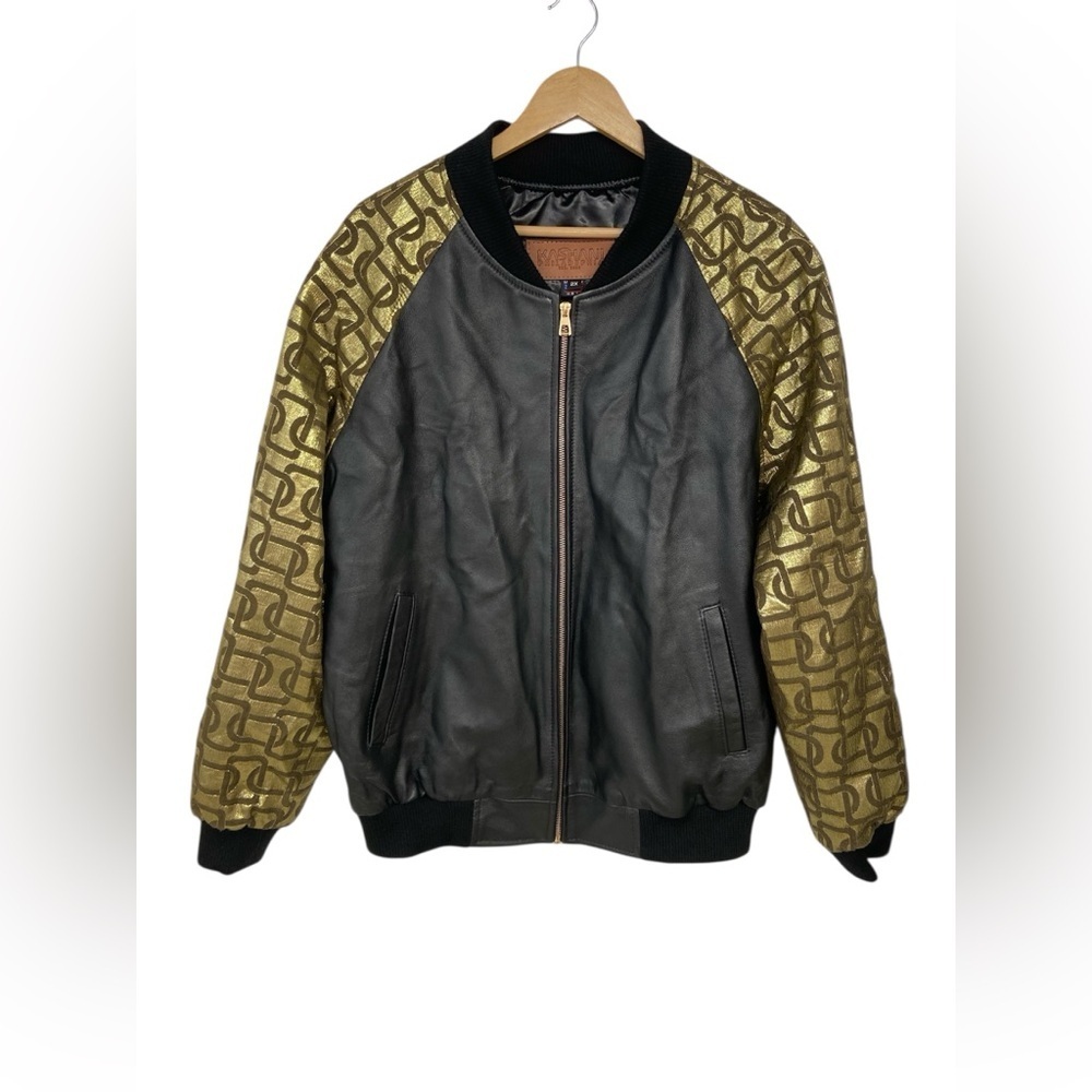 Kashani of Philadelphia Black Gold Lambskin Bomber Jacket Size 2X